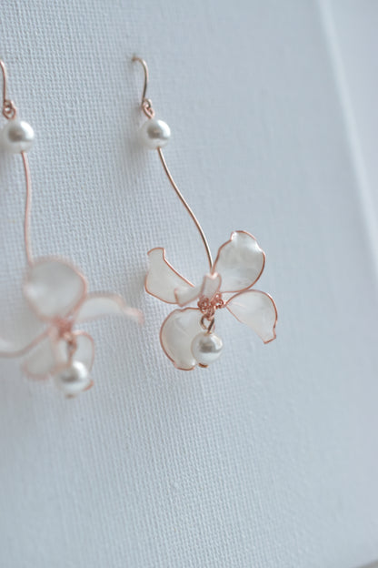 Rose Gold Dangling Pearl Floral Earrings